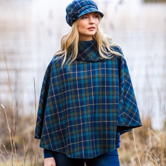 New Button Neck Poncho Cape Wool Blue Green Tan (Made in Ireland) - Picture 1 of 5